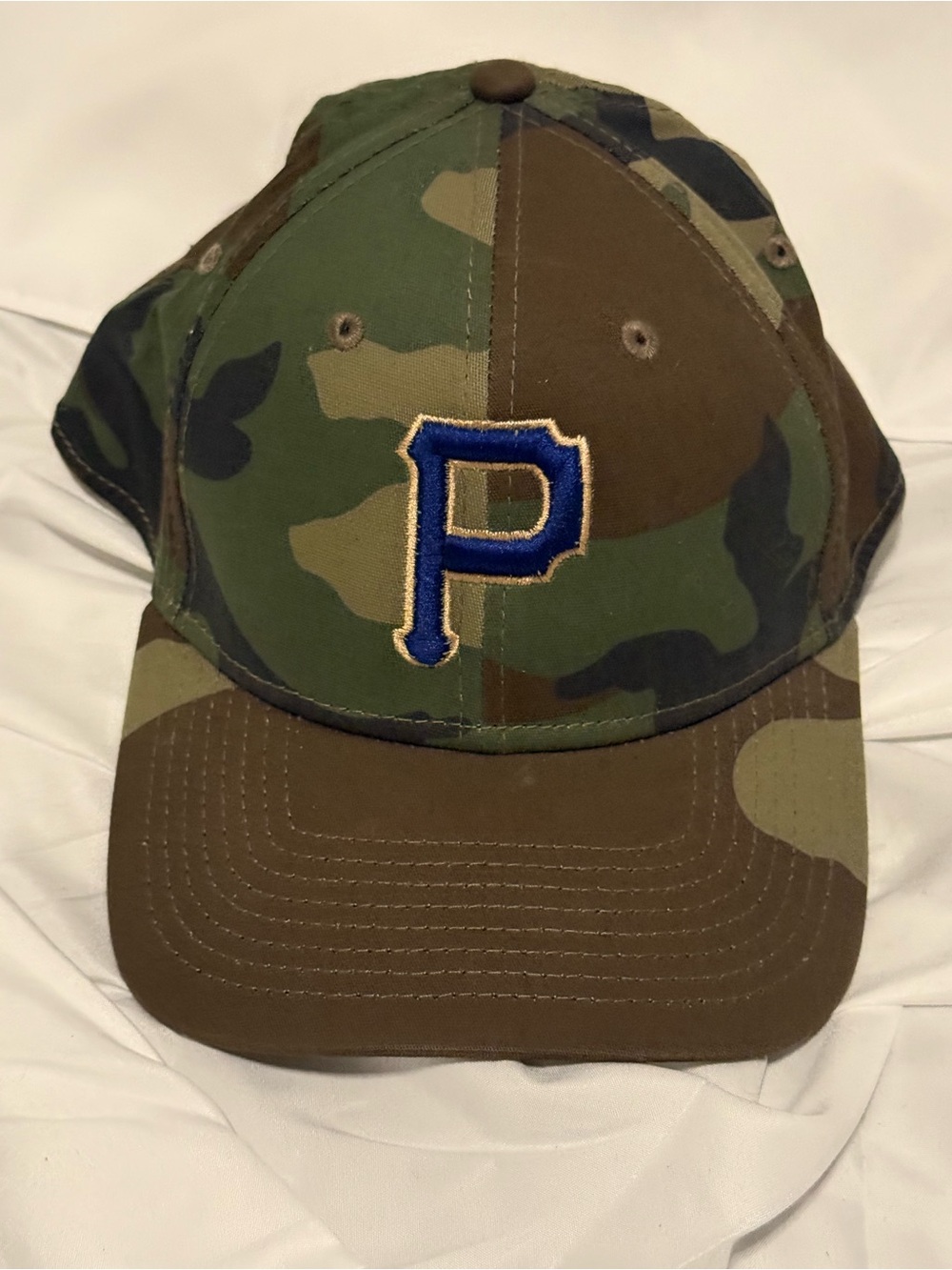 Camo Baseball Cap with Blue 'P' Patch